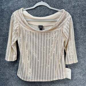 Clara Sun Woo Gold Sequin Top Womens Small Draped Off Shoulder Neck 3/4 Sleeve